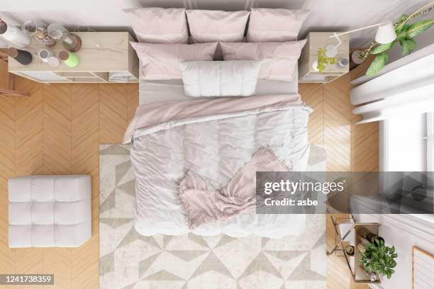 empty bed above view - bed overhead view stock pictures, royalty-free photos & images