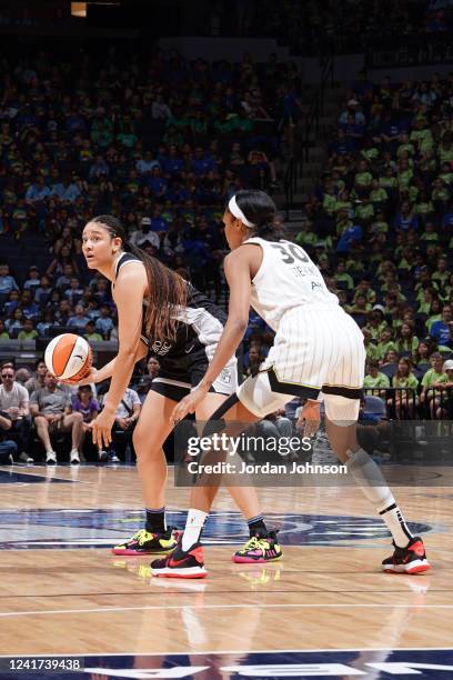 Azurá Stevens of the Chicago Sky plays defense on Natalie Achonwa of the Minnesota Lynx on July 6, 2022 at Target Center in Minneapolis, Minnesota....