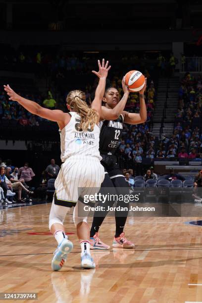 Damiris Dantas of the Minnesota Lynx shoots a three point basket against the Chicago Sky on July 6, 2022 at Target Center in Minneapolis, Minnesota....