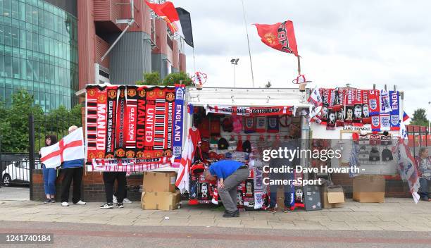 Souvenirs for sale at the UEFA Women's Euro England 2022 group A match between England and Austria at Old Trafford on July 6, 2022 in Manchester,...