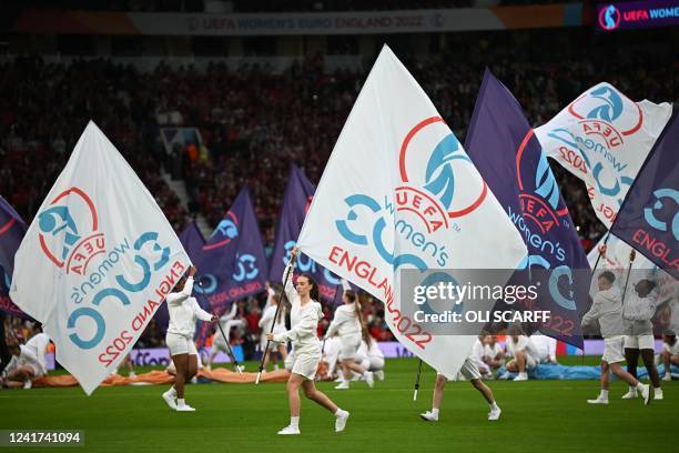 The opening ceremony takes place ahead of the UEFA Women's Euro 2022 Group A football match between England and Austria at Old Trafford in...