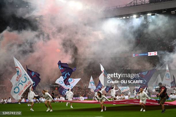 The opening ceremony takes place ahead of the UEFA Women's Euro 2022 Group A football match between England and Austria at Old Trafford in...