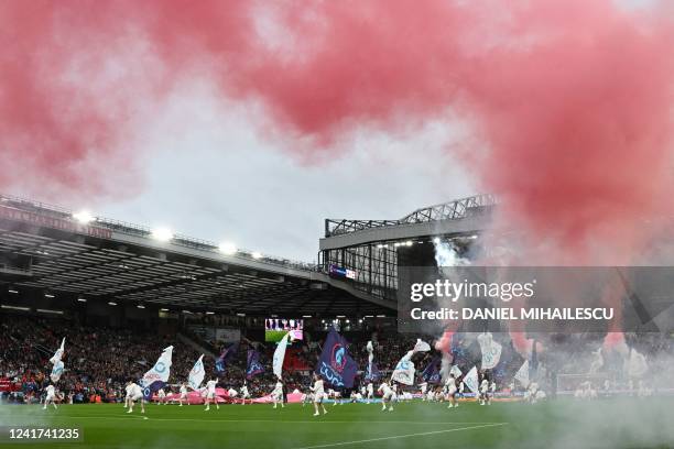 The opening ceremony takes place ahead of the UEFA Women's Euro 2022 Group A football match between England and Austria at Old Trafford in...