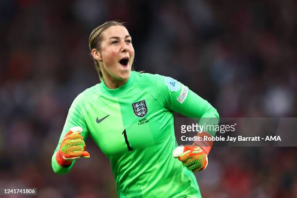 Goalkeeper Mary Earps of England Women celebrates after Bath Mead scored a goal to make it 1-0 during the UEFA Women's Euro England 2022 group A...