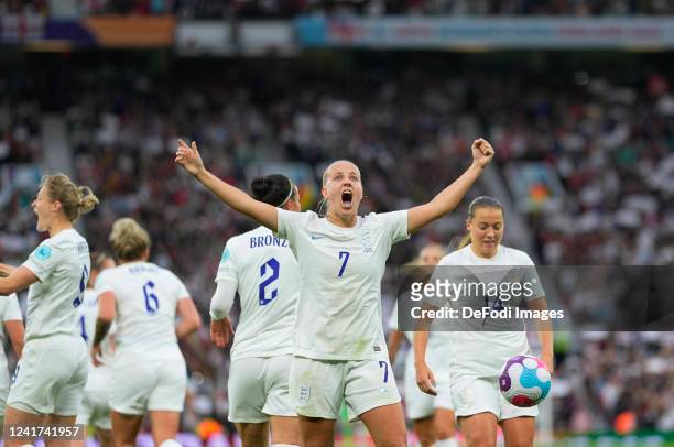 Beth Mead of England celebrates after scoring her team's first goal with teammates during the UEFA Women's Euro England 2022 group A match between...