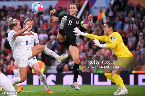 England's striker Lauren Hemp vies with Austria's defender Viktoria Schnaderbeck and Austria's goalkeeper Manuela Zinsberger during the UEFA Women's...