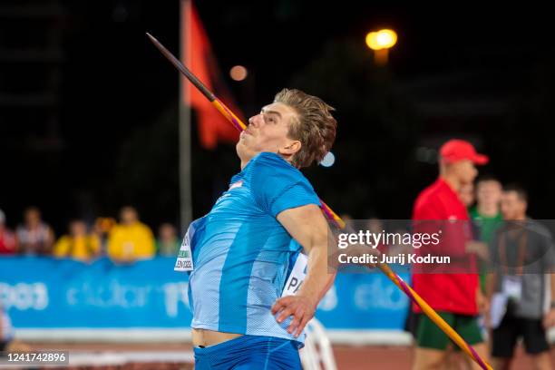 Topi Parviainen of Finland competes in during Mens Javelin Throw during day 3 of the Jerusalem 2022 European Athletics U18 Championships at Givat-Ram...
