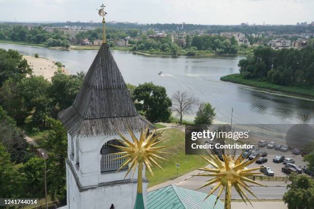 An aerial view of the Yaroslavl Kremlin and embankment of the Kotorosl river July 6, 2022 in Yaroslavl, Russia.