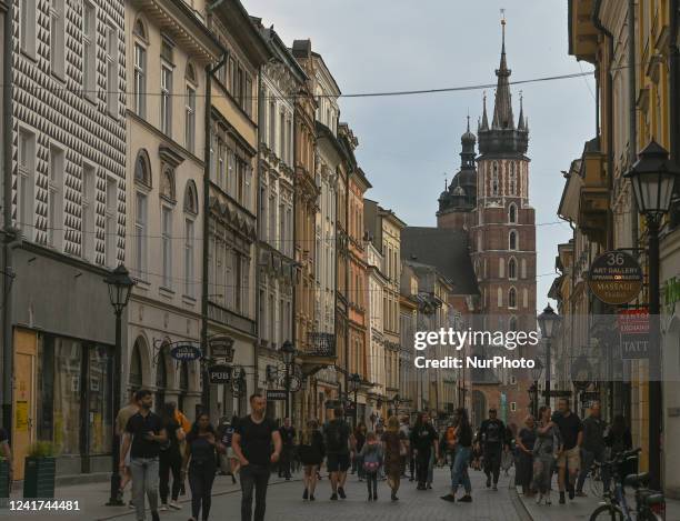 General view of a busy Florianska Street in Krakow Old Town. On Wednesday, July 06 in Krakow, Poland.