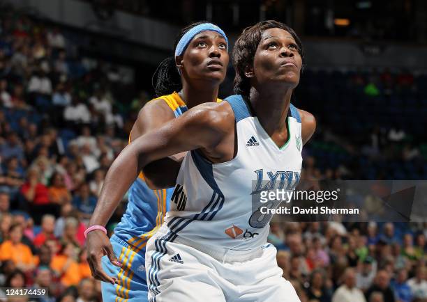 Taj McWilliams-Franklin of the Minnesota Lynx guards against Sylvia Fowles of the Chicago Sky during the game on September 8, 2011 at Target Center...