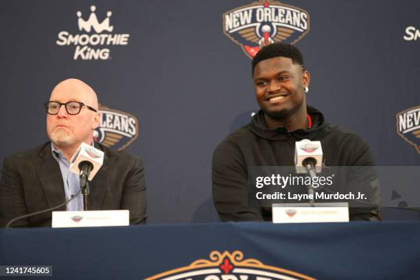 Zion Williamson of the New Orleans Pelicans signs his contract extension in New Orleans, Louisiana on June 26, 2022. NOTE TO USER: User expressly...