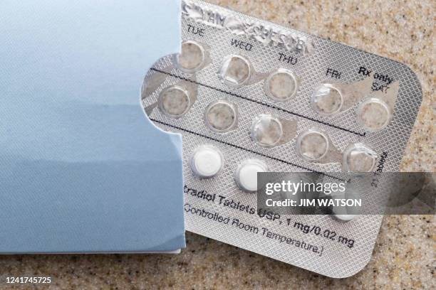 Birth control pills rest on a counter in Centreville, Maryland, on July 6, 2022. - The US Supreme Court ruling that overturned the right to abortion...