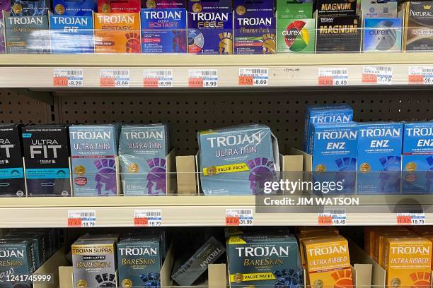 Contraceptives on sale on a shelf in a drug store in Annapolis, Maryland, on July 6, 2022. - The US Supreme Court ruling that overturned the right to...