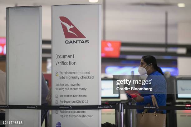 Passenger queues at a Qantas Airways Ltd. Check-in counter at Sydney Airport in Sydney, Australia, on Wednesday, July 6, 2022. Qantas, which carries...