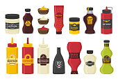 Bottles with sauce.