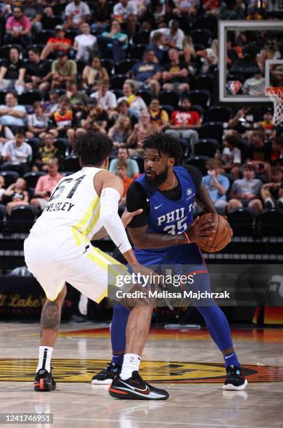 Myles Powell of the Utah Jazz handles the ball during the game against the Philadelphia 76ers on July 6, 2022 at vivint.SmartHome Arena in Salt Lake...