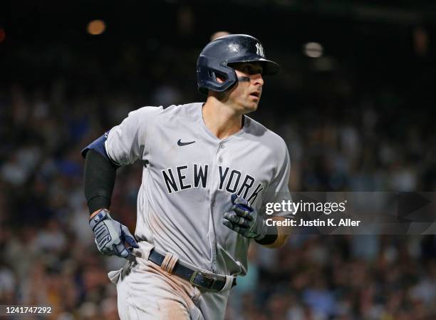 Joey Gallo of the New York Yankees hits a home run in the sixth inning against the Pittsburgh Pirates at PNC Park on July 6, 2022 in Pittsburgh,...