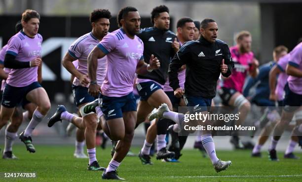 Otago , New Zealand - 7 July 2022; Aaron Smith, right, during New Zealand rugby squad training at Forsyth Barr Stadium in Dunedin, New Zealand.