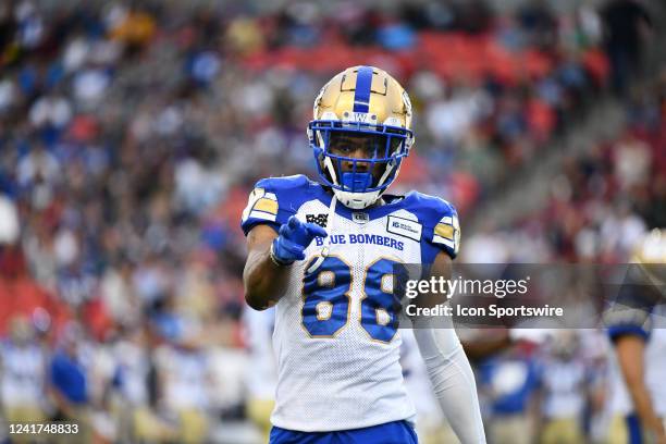 Winnipeg Blue Bombers wide receiver Rasheed Bailey lines up before the snap of the ball during the CFL regular season game between the Winnipeg Blue...