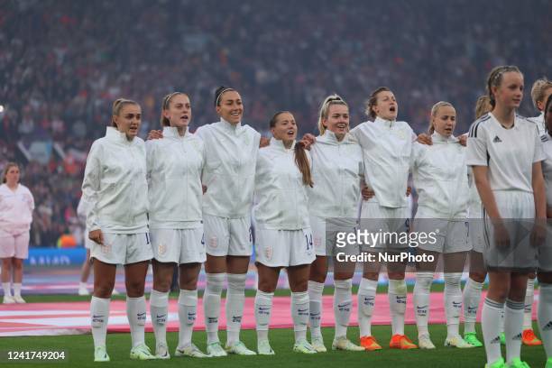 The national anthem plays before the UEFA Women's Euro 2022 opening match in Group A between England and Austria at Old Trafford, Manchester on...