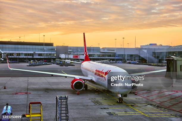 Corendon Airlines Boeing 737 MAX 8 airplane at Amsterdam Airport Schiphol in Amsterdam, Netherlands, on May 03, 2022.