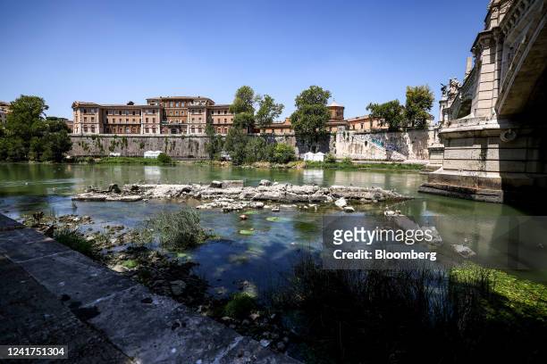Resurfaced remains of an ancient bridge built under Roman Emperor Nero in the River Tiber, following unusually hot weather and low rainfall, in Rome,...