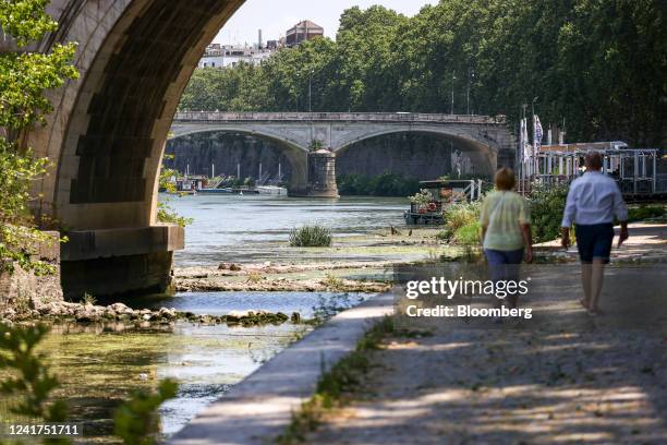 Resurfaced rocks in the River Tiber, following unusually hot weather and low rainfall, in Rome, Italy, on Wednesday, July 6, 2022. The government led...