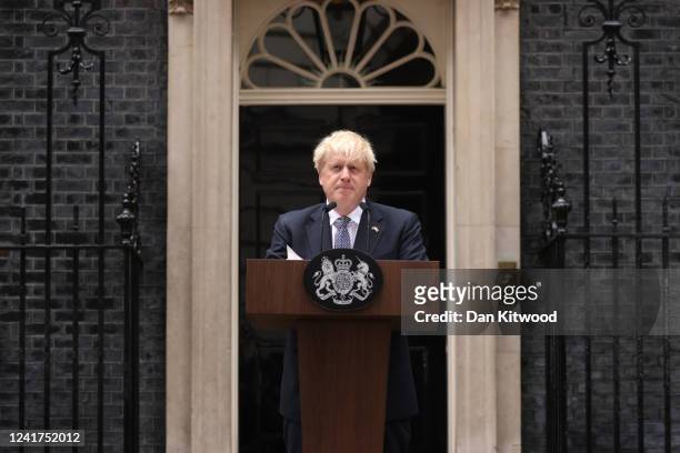 Prime Minister Boris Johnson addresses the nation as he announces his resignation outside 10 Downing Street, on July 7, 2022 in London, England....