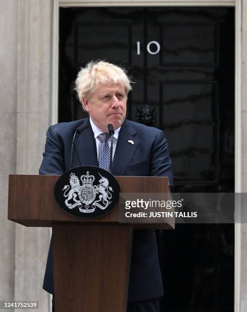 Britain's Prime Minister Boris Johnson makes a statement in front of 10 Downing Street in central London on July 7, 2022. Johnson quit as...