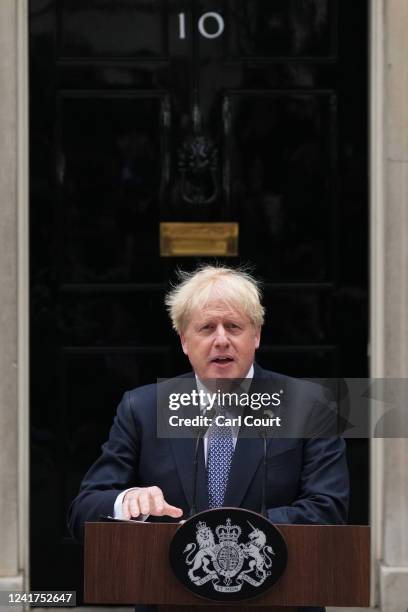 Prime Minister Boris Johnson addresses the nation as he announces his resignation outside 10 Downing Street on July 7, 2022 in London, England. After...