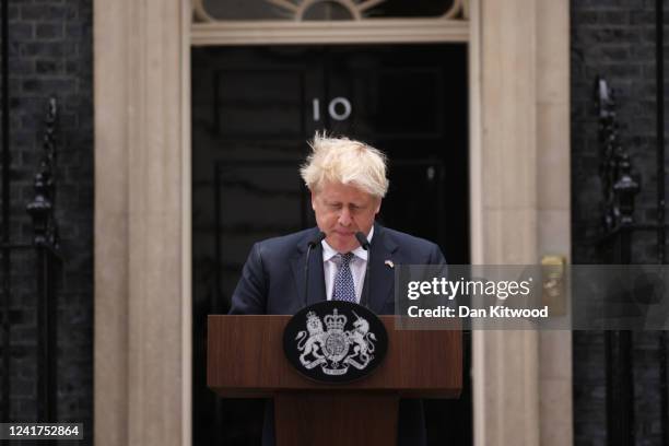 Prime Minister Boris Johnson addresses the nation as he announces his resignation outside 10 Downing Street, on July 7, 2022 in London, England....