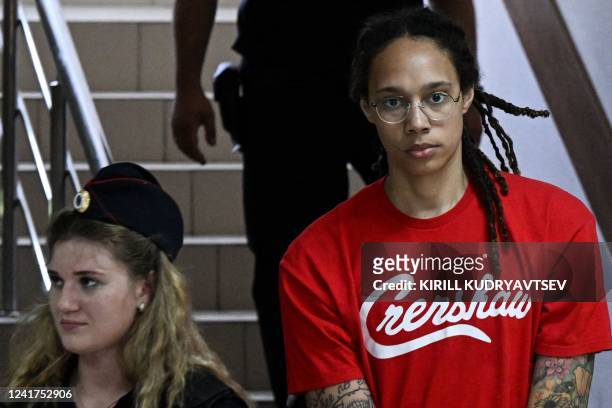 Basketball superstar Brittney Griner arrives to a hearing at the Khimki Court, outside Moscow on July 7, 2022. - Griner, a two-time Olympic gold...