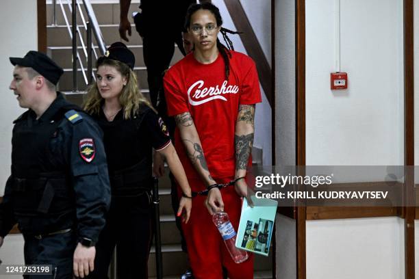 Basketball superstar Brittney Griner arrives to a hearing at the Khimki Court, outside Moscow on July 7, 2022. - Griner, a two-time Olympic gold...