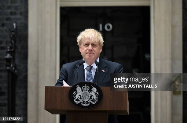 Britain's Prime Minister Boris Johnson makes a statement in front of 10 Downing Street in central London on July 7, 2022. Johnson quit as...