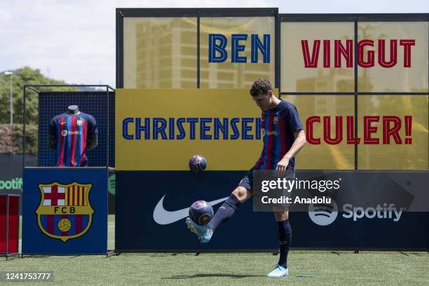 Barcelona defender Andreas Christensen poses for the media as he is presented as a FC Barcelona player at Ciutat Esportiva Joan Gamper on July 07,...