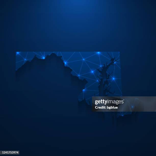 maryland map network - bright mesh on dark blue background - maryland us state stock illustrations