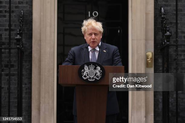 Prime Minister Boris Johnson addresses the nation as he announces his resignation outside 10 Downing Street, on July 7, 2022 in London, England....