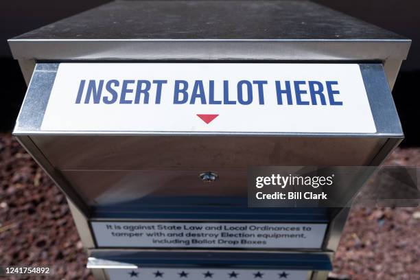 Coconino County ballot drop box stands next to City Hall in Williams, Ariz., on the first day of early voting for the primary election on Wednesday,...