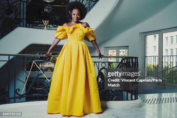 Actor Viola Davis is photographed for Paris Match wearing an Alexander McQueen dress at the Martinez Hotel on May 18, 2022 in Cannes, France.