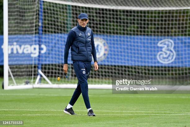 Thomas Tuchel of Chelsea during a training session at Chelsea Training Ground on July 7, 2022 in Cobham, England.