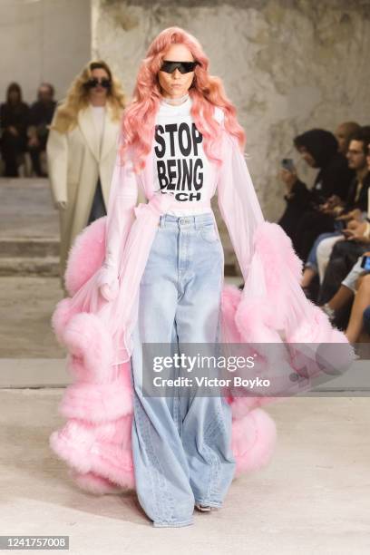 Model walks the runway during the Vetements Haute Couture Fall Winter 2022 2023 show as part of Paris Fashion Week on July 7, 2022 in Paris, France.