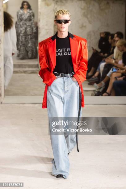 Model walks the runway during the Vetements Haute Couture Fall Winter 2022 2023 show as part of Paris Fashion Week on July 7, 2022 in Paris, France.