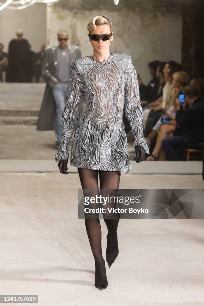 Model walks the runway during the Vetements Haute Couture Fall Winter 2022 2023 show as part of Paris Fashion Week on July 7, 2022 in Paris, France.