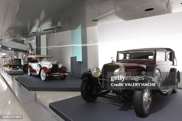 Photograph taken on July 7, 2022 shows cars on the day of the inauguration of the new museum housing the Prince of Monaco's private car collection,...