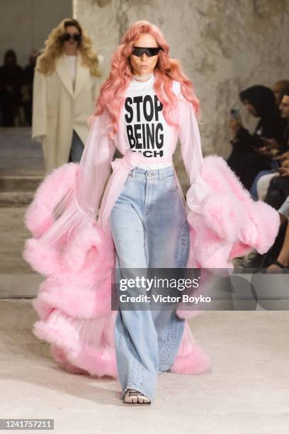 Model walks the runway during the Vetements Haute Couture Fall Winter 2022 2023 show as part of Paris Fashion Week on July 7, 2022 in Paris, France.