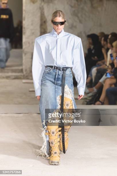 Model walks the runway during the Vetements Haute Couture Fall Winter 2022 2023 show as part of Paris Fashion Week on July 7, 2022 in Paris, France.
