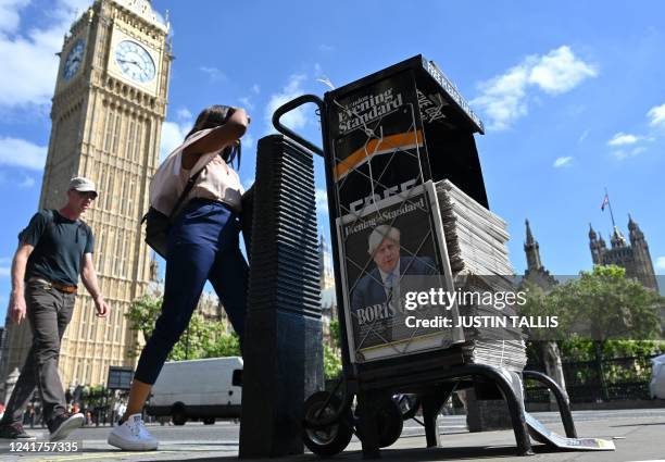 Copies of the Evening Standard newspaper, leading with story that Britain's Prime Minister Boris Johnson has resigned as leader of the Conservative...
