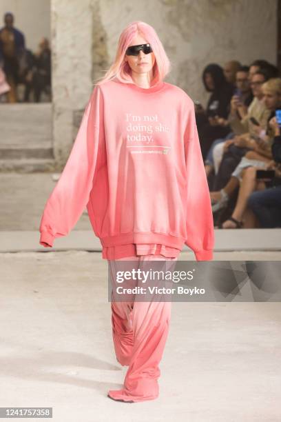 Model walks the runway during the Vetements Haute Couture Fall Winter 2022 2023 show as part of Paris Fashion Week on July 7, 2022 in Paris, France.