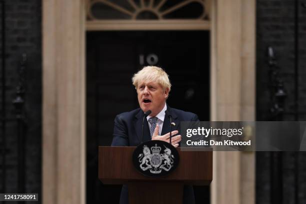 Prime Minister Boris Johnson addresses the nation as he announces his resignation outside 10 Downing Street, on July 7, 2022 in London, England....