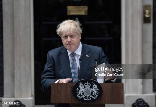 Prime Minister Boris Johnson addresses the nation as he announces his resignation outside 10 Downing Street on July 7, 2022 in London, England. After...